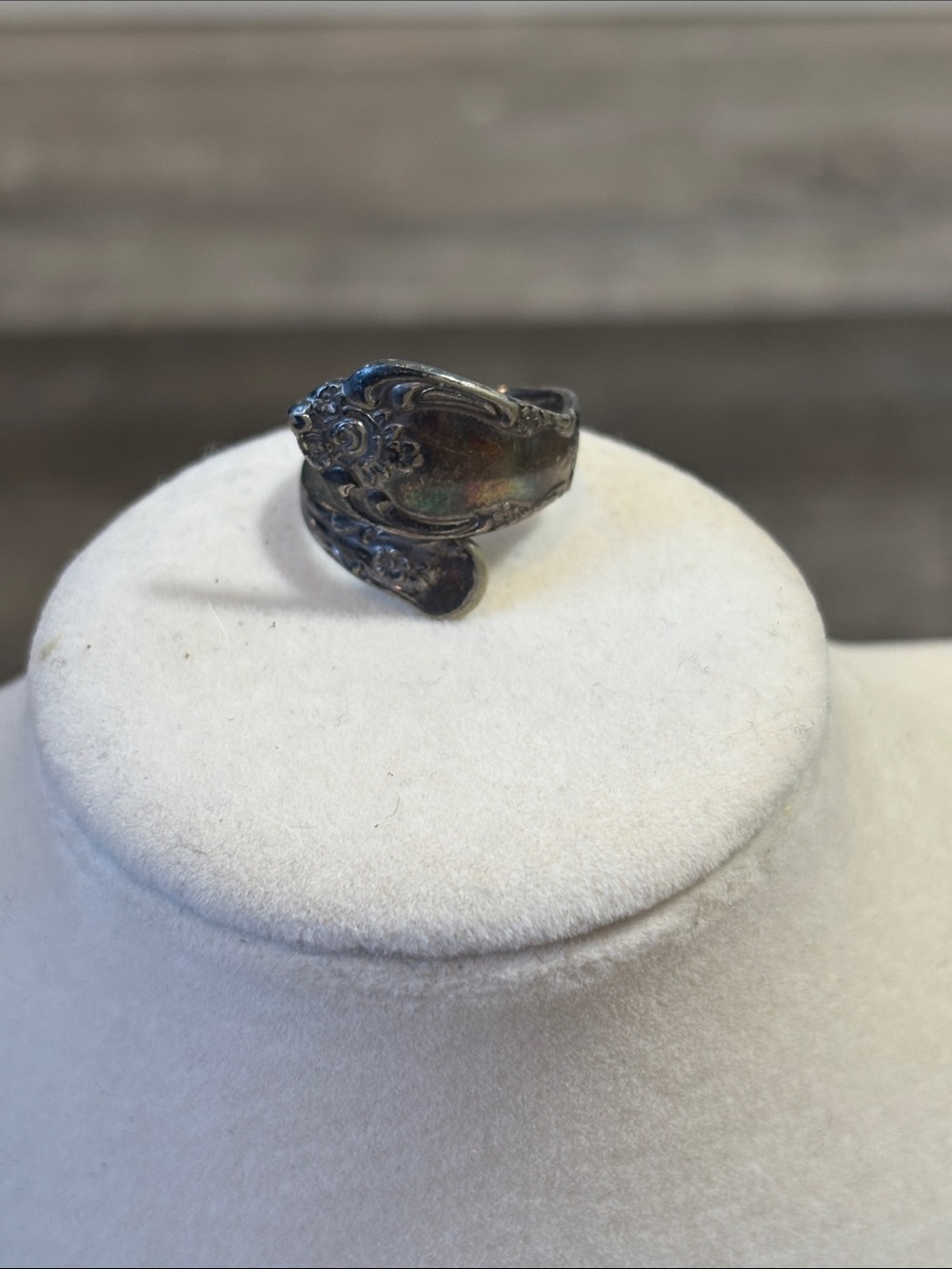 Vintage Floral Spoon Ring  Tarnished Silver- needs polished